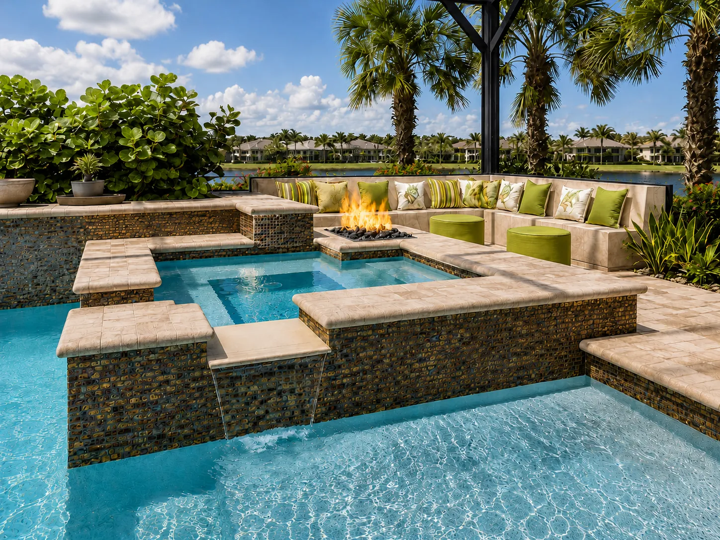 Custom pool and integrated spa with fire features, designed and built by Knäak Design and Renovation in Naples, Florida