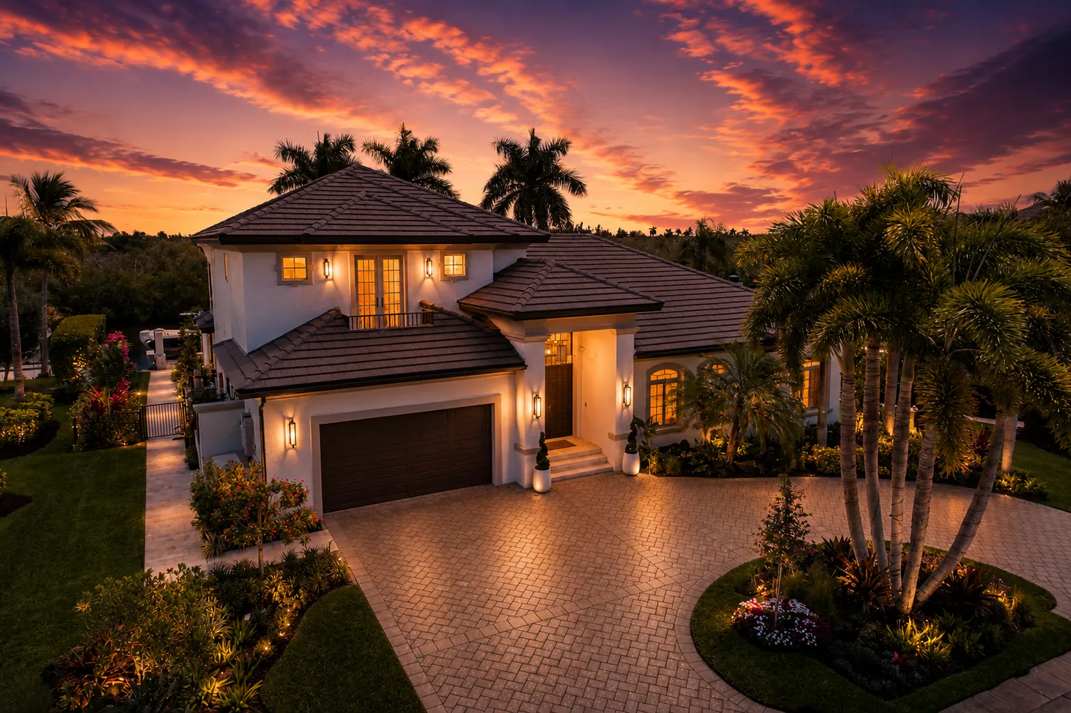 Luxury Naples home exterior at dusk with architectural landscape lighting by Knäak