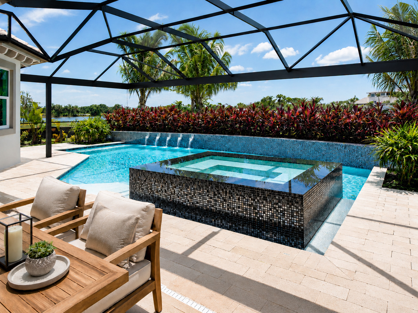 Custom Naples pool with integrated spa and water features, designed and built by Knaak Design Group