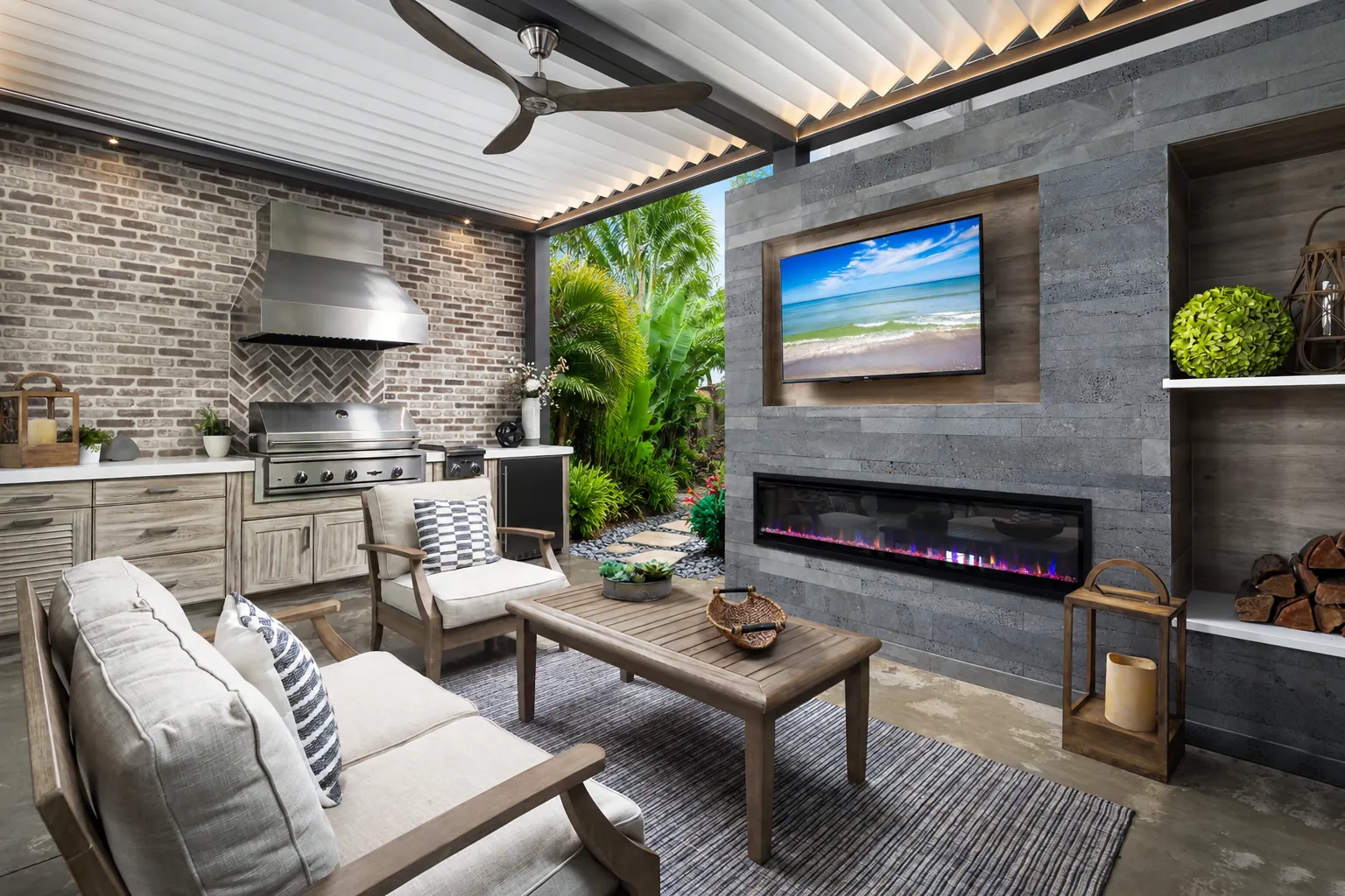 Outdoor living room with linear fireplace and built-in seating by Knäak, Naples Florida