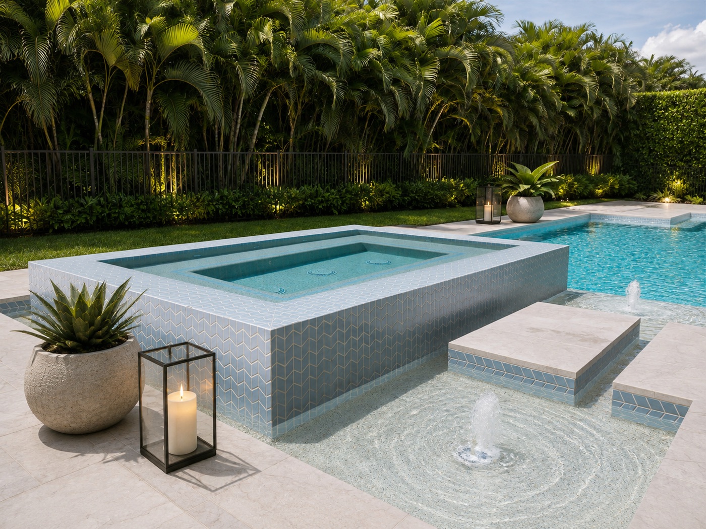 Perimeter overflow spa spilling into a custom pool, Southwest Florida