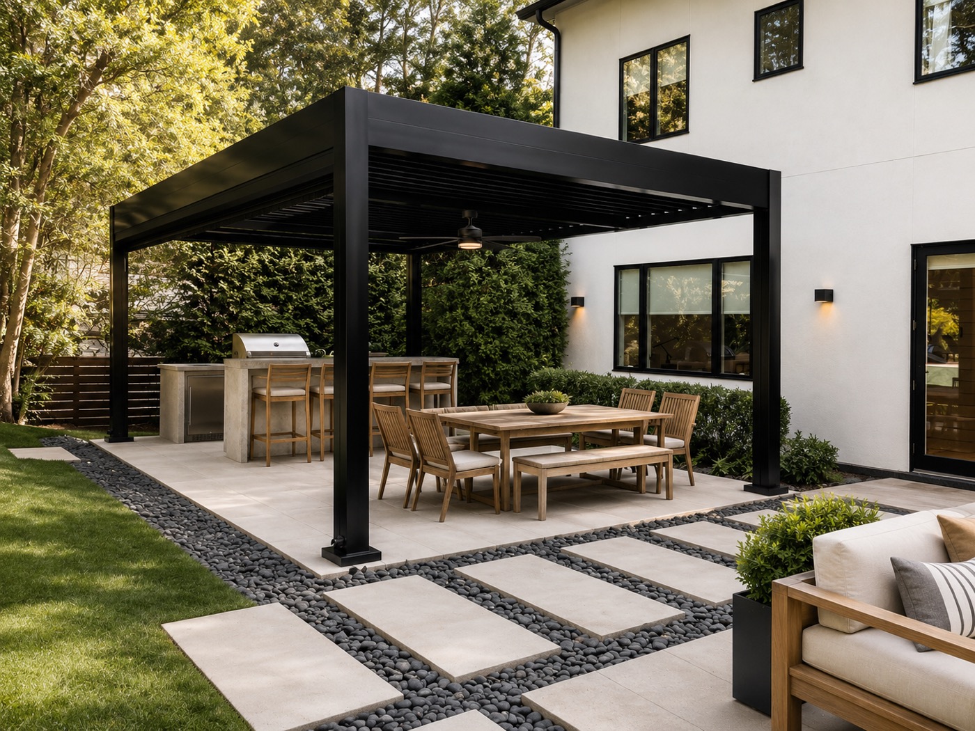 Free-standing black aluminum louvered pergola over a pool deck, Naples, Florida