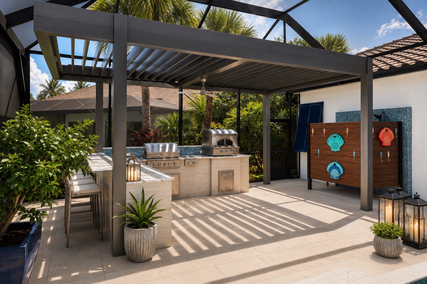 Aluminum louvered pergola over a pool in Lely, Naples, Florida