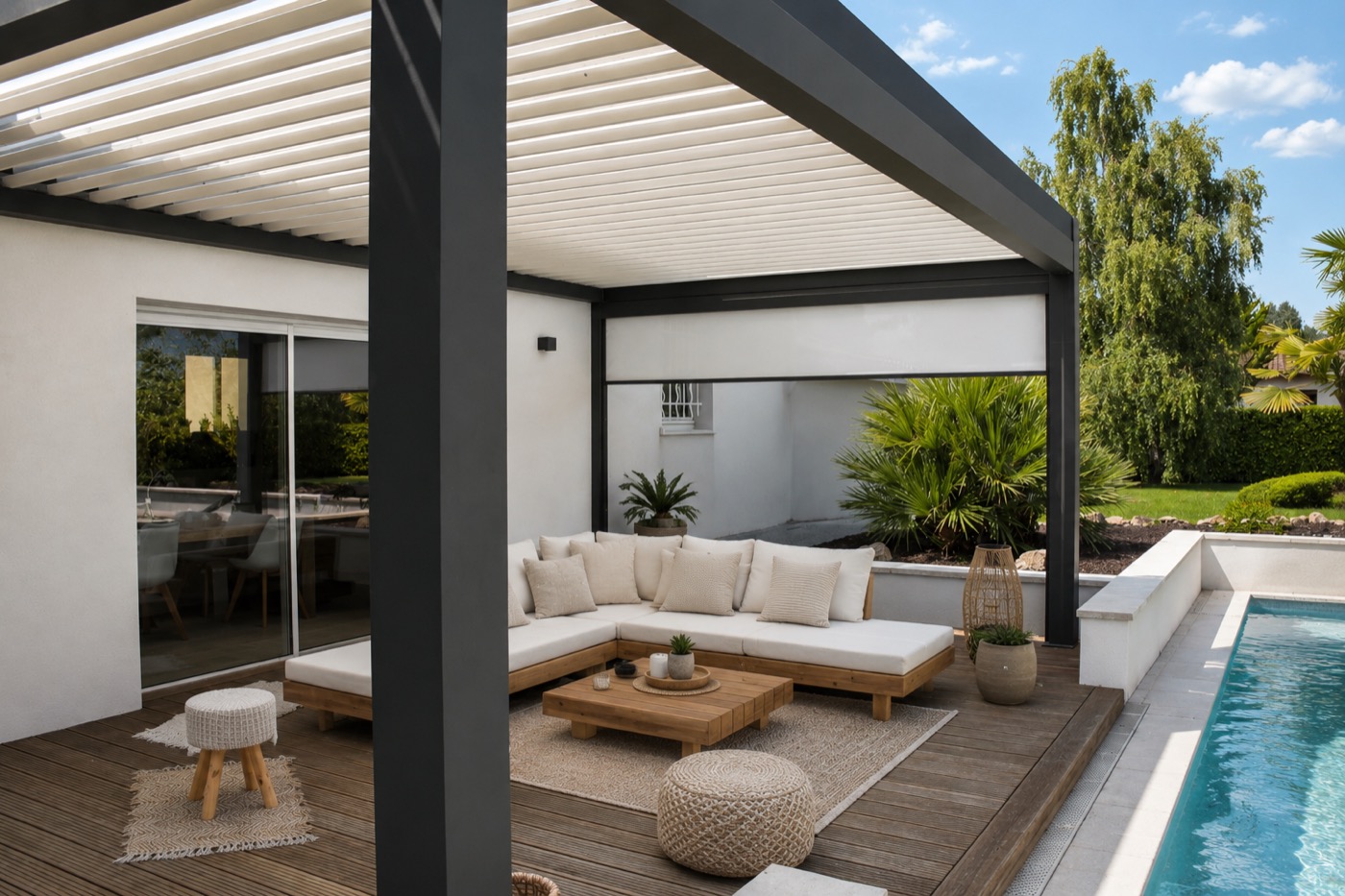 Modern aluminum louvered pergola over a patio, Naples, Florida