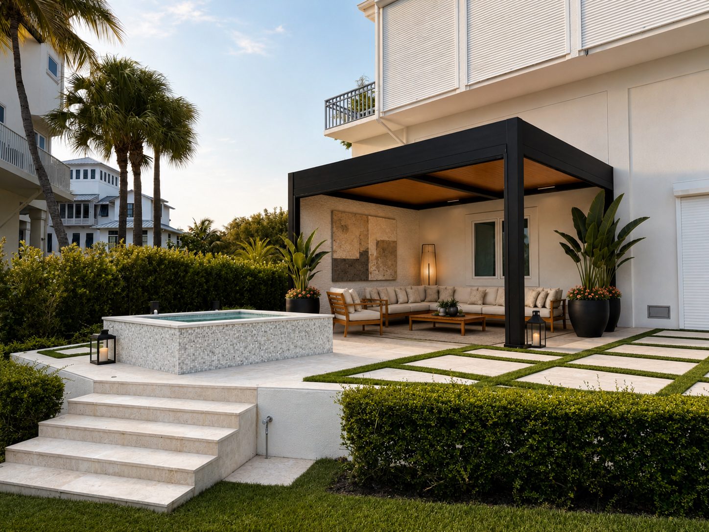 Black aluminum louvered pergola over an outdoor lounge with a raised spa and stone steps, Naples, Florida