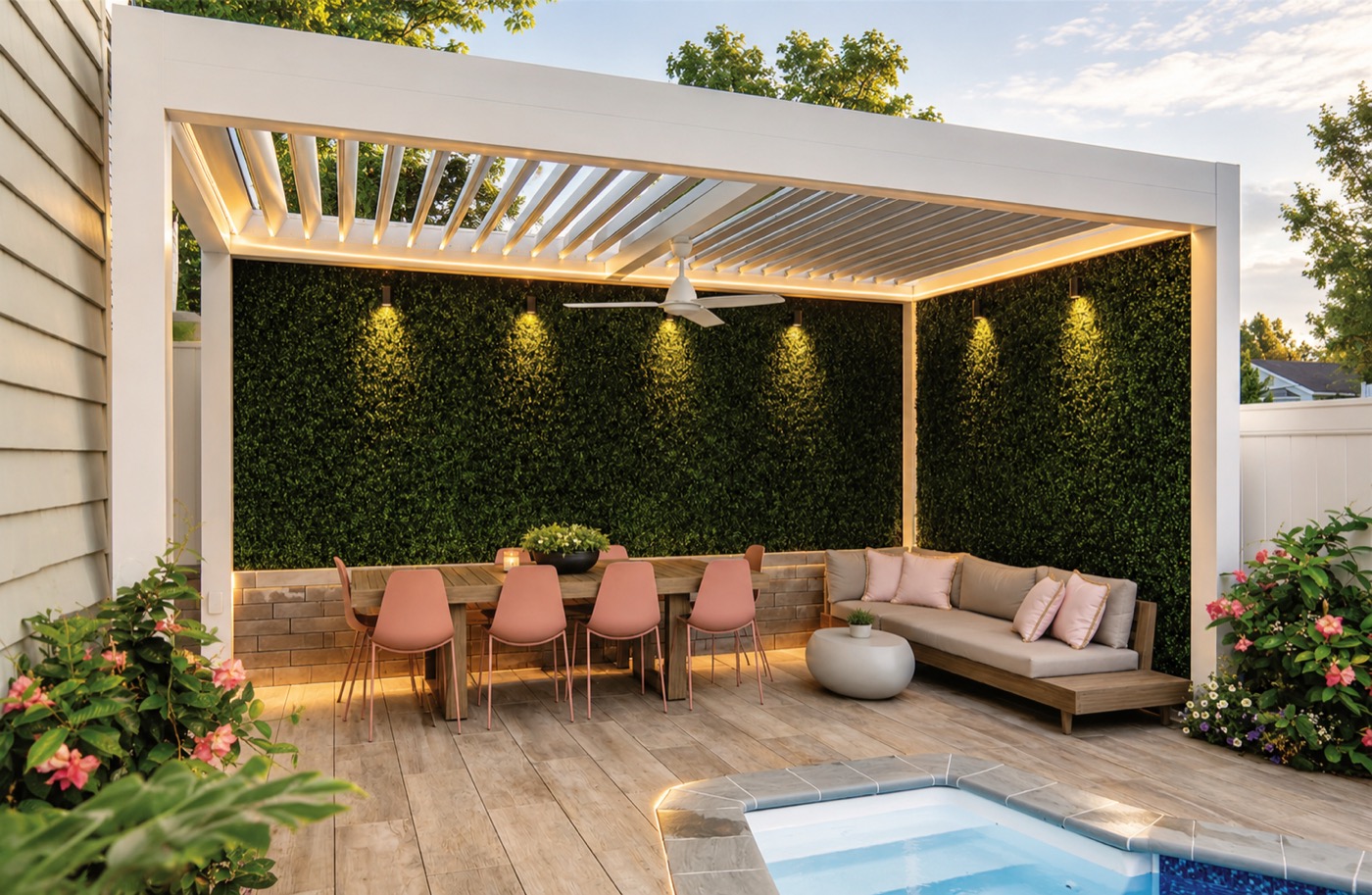 White louvered aluminum pergola beside a living green wall, Naples, Florida