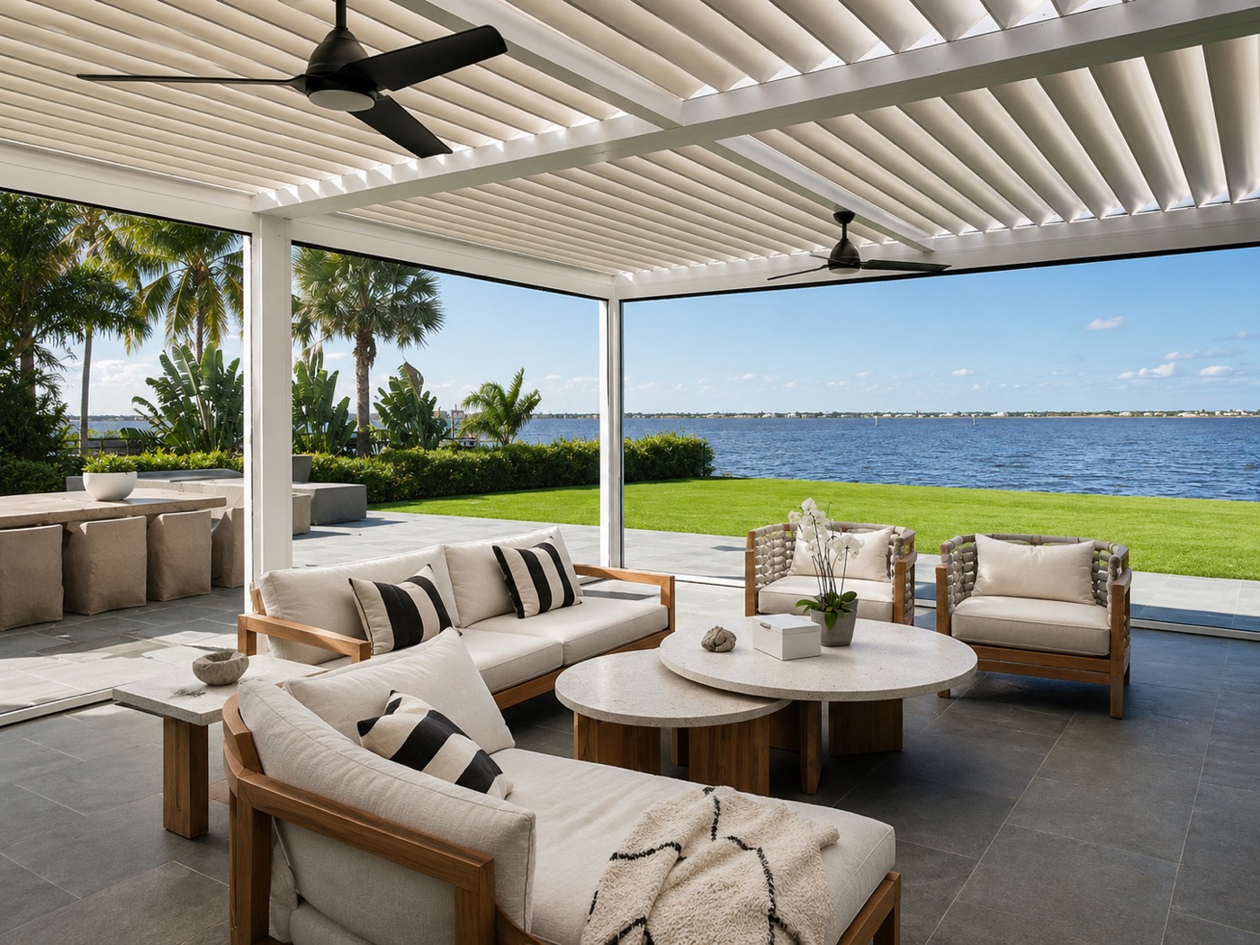 White aluminum R-Blade louvered pergola, southwest Florida