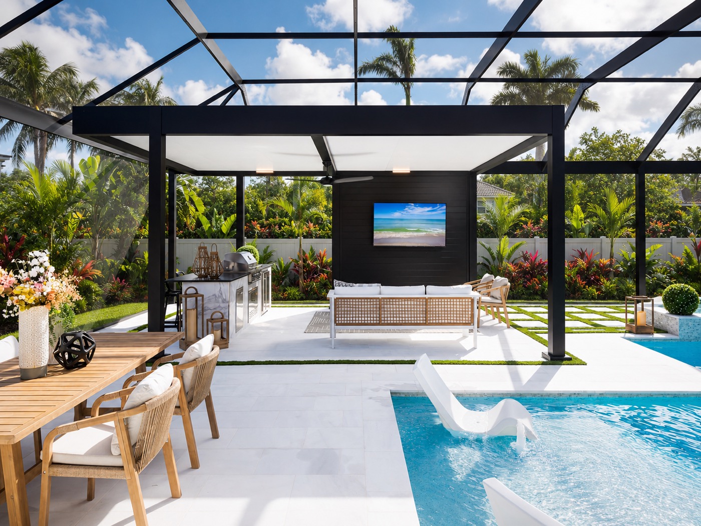 Solid pergola with a cantilever roof, southwest Florida