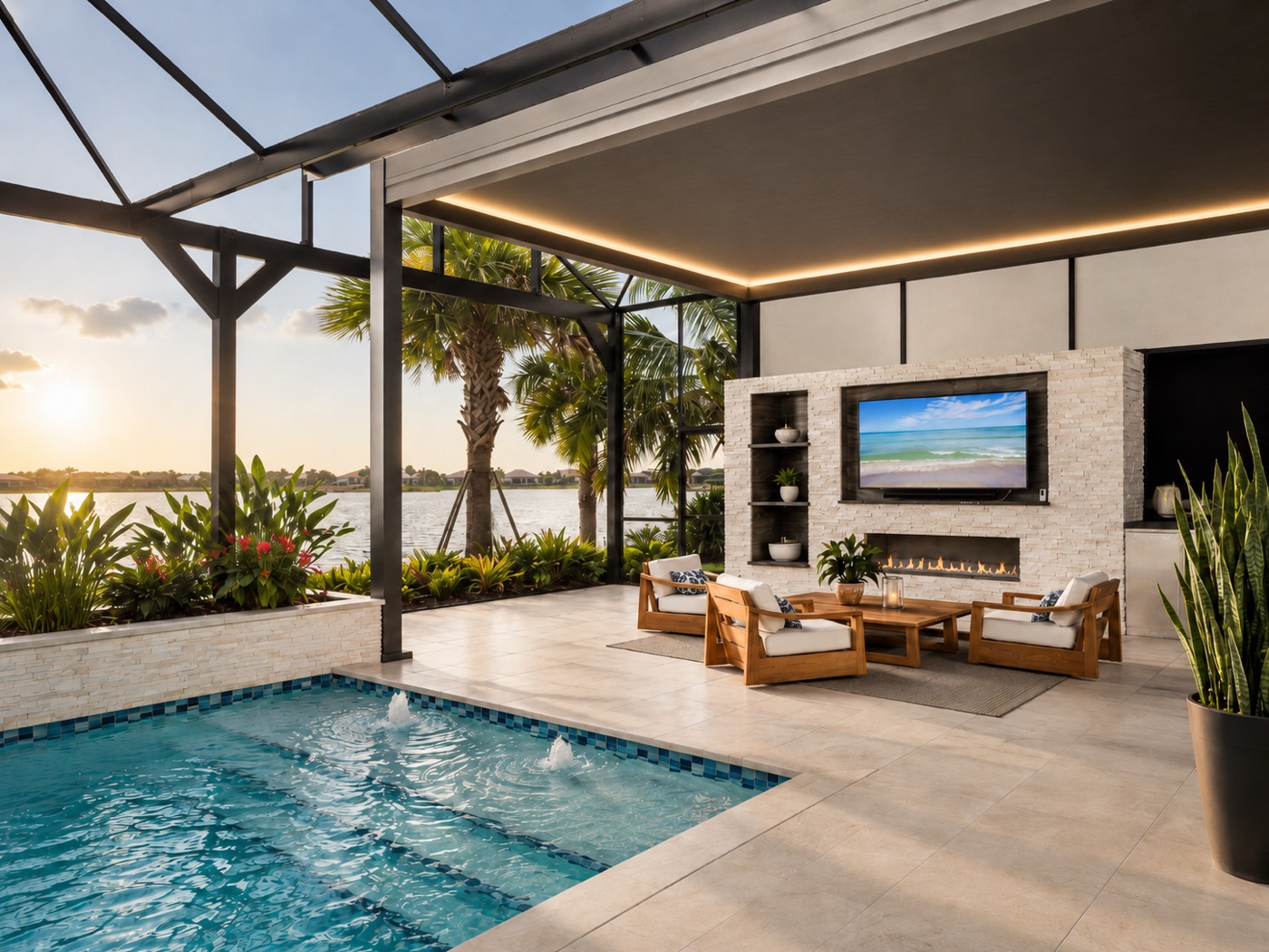 Solid roof pergola with an outdoor fireplace wall, Naples, Florida