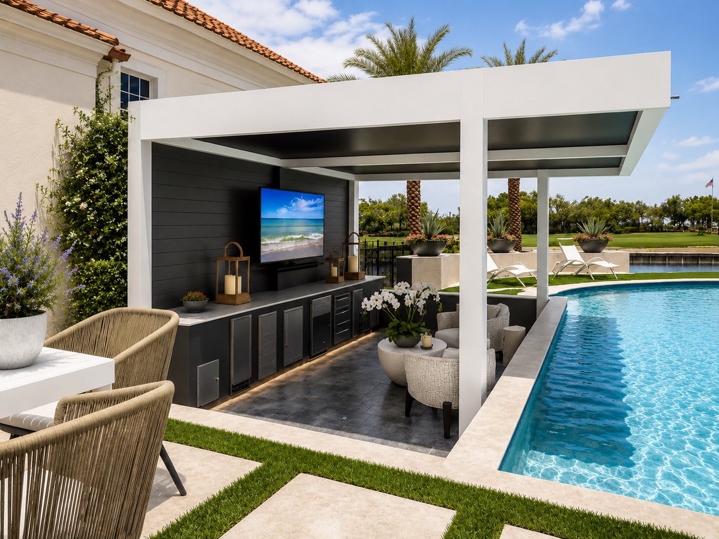 Covered pergola over a sunken outdoor bar, Naples, Florida