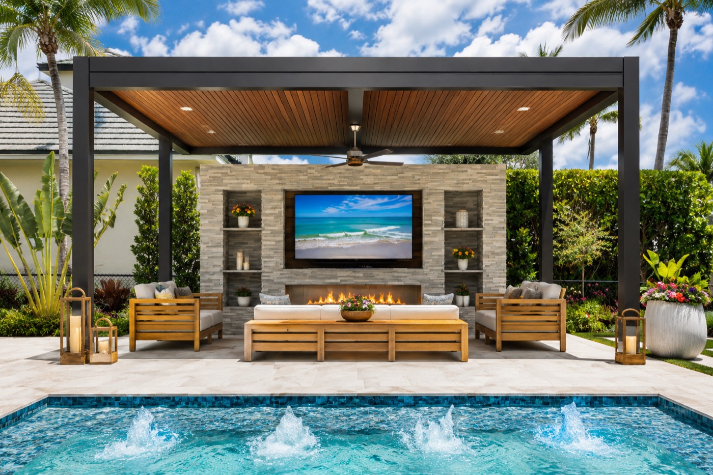 Custom teak pergola over an outdoor living room, Naples, Florida