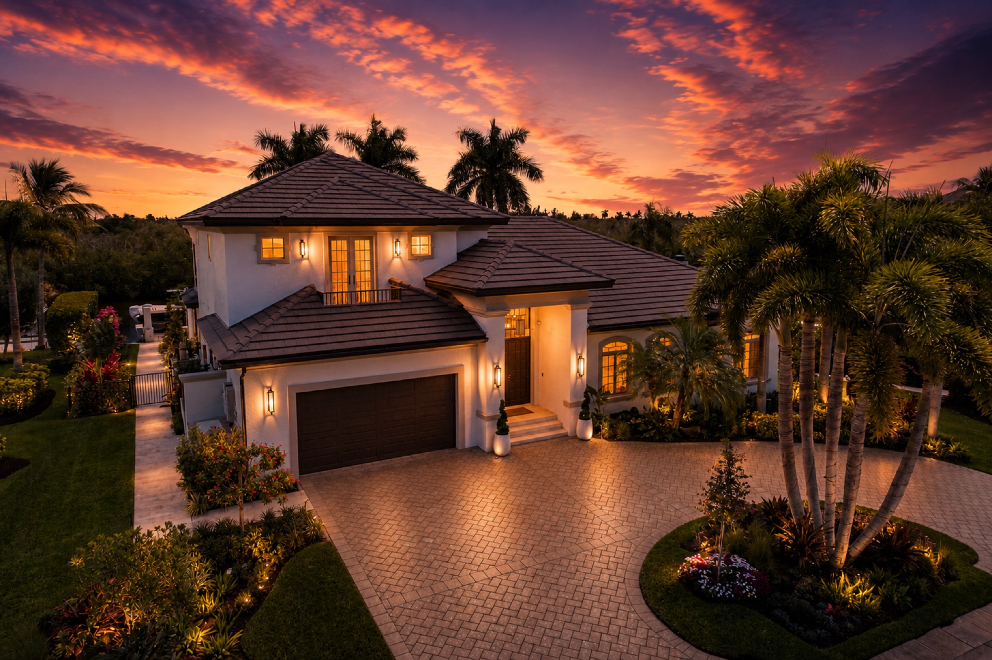 Luxury Naples home exterior at dusk with paver driveway, tropical landscape and architectural lighting, southwest Florida