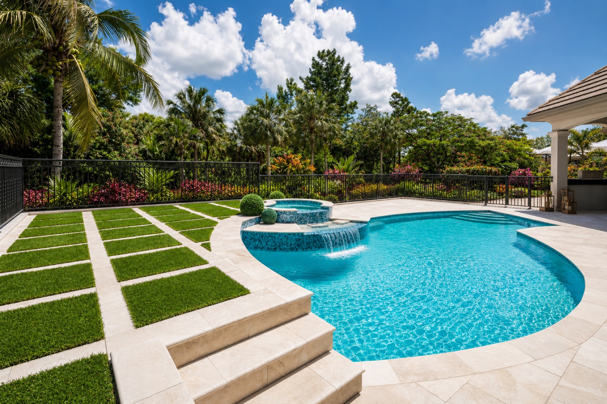 Custom freeform swimming pool with raised spa and waterfall, Naples, Florida